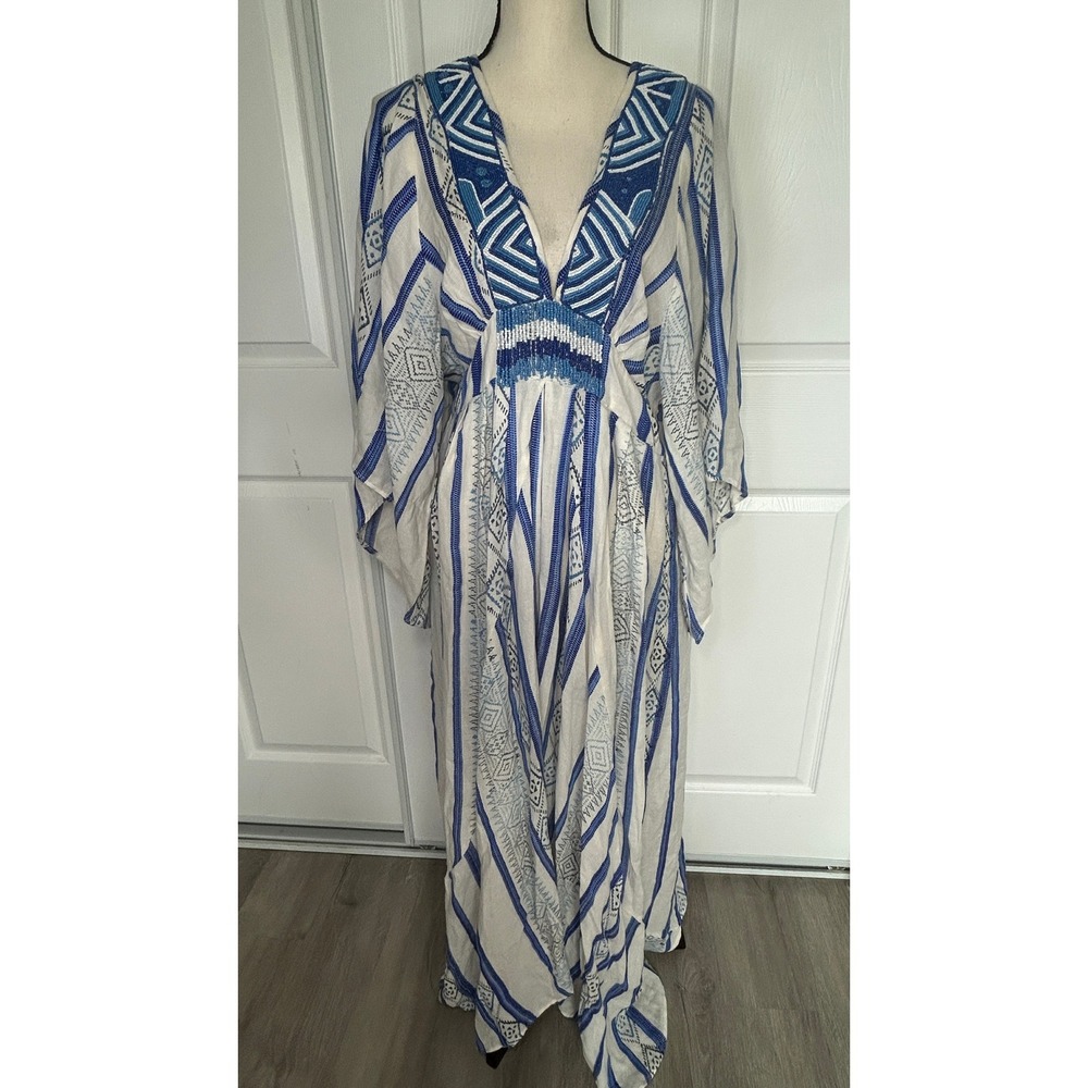 FARM Rio Beaded Maxi Dress Mare de Sol Blue White Boho Embroidered Brazil NWT L - Picture 6 of 14